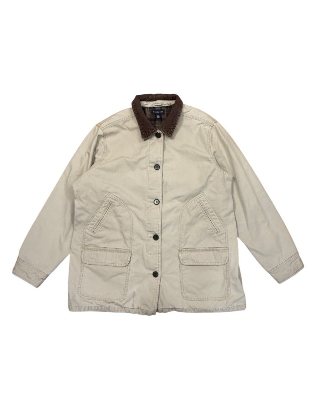 Lands' End Womens Chore Jacket XL Beige Cotton Button Front Corduroy Collar Plai